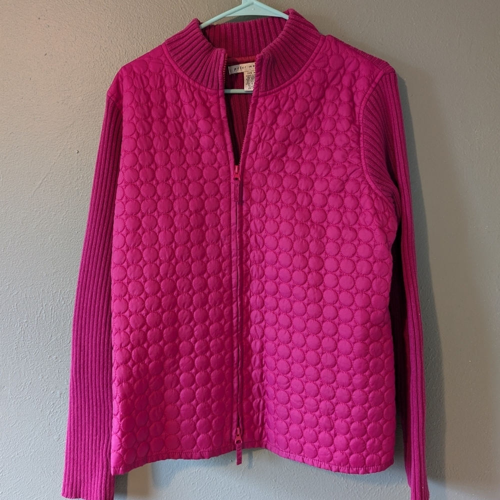 Peter Martin Pink Quilted Sweater Jacket Ribbed Long Sleeve Size XL - Picture 1 of 4